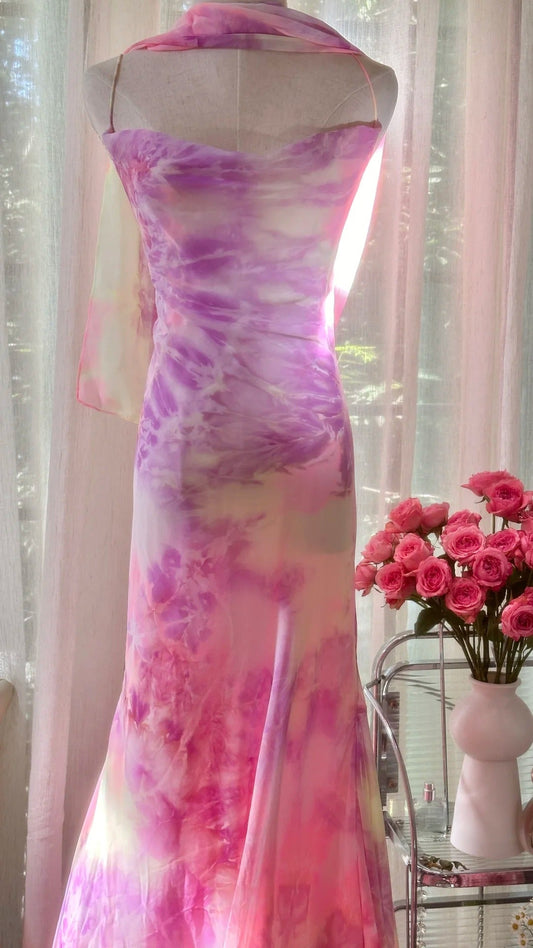 Hermosos vestidos de fiesta de gasa rosa con tirantes finos y escote en V, vestidos de noche vintage sin espalda ED03438