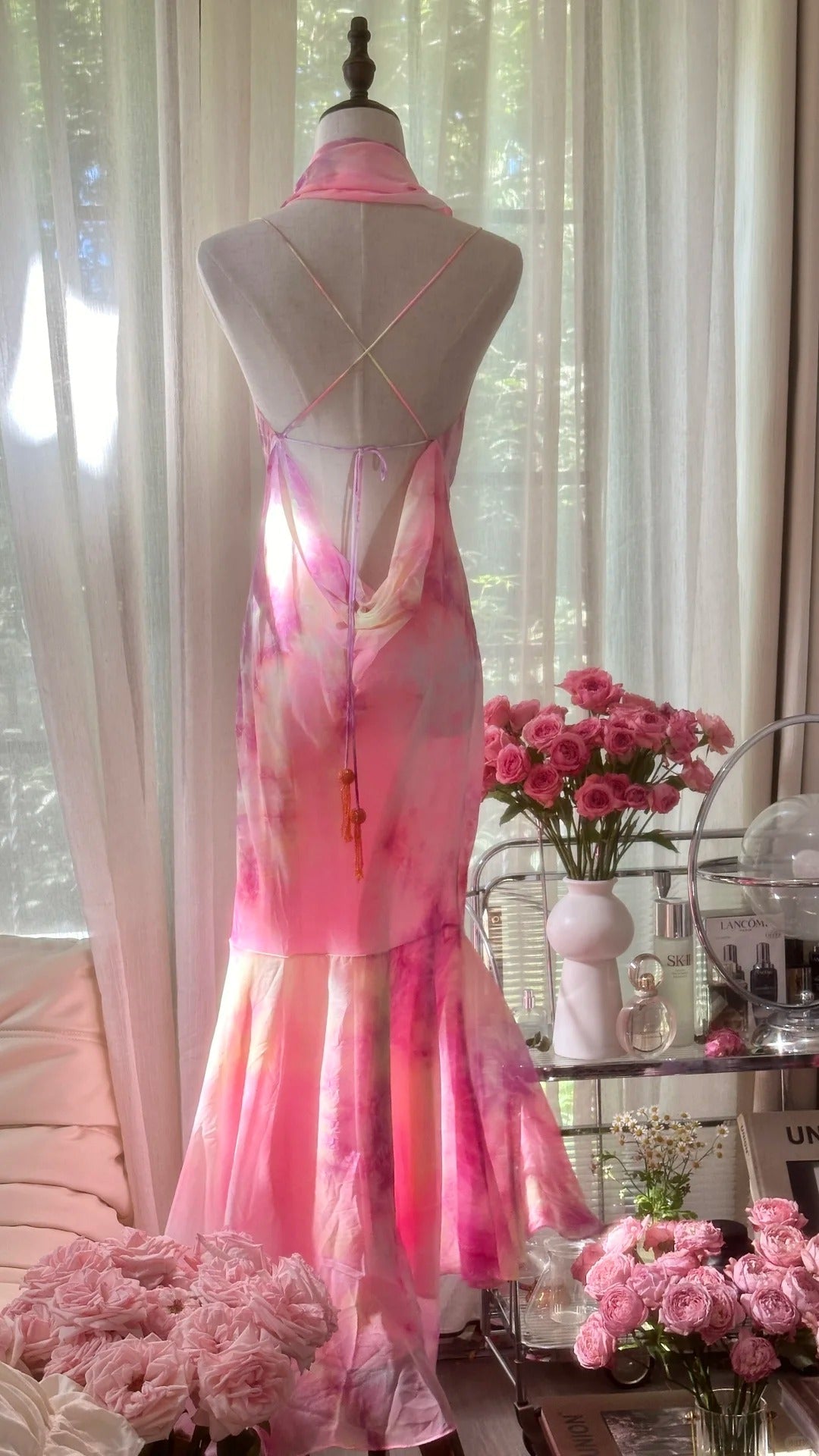 Hermosos vestidos de fiesta de gasa rosa con tirantes finos y escote en V, vestidos de noche vintage sin espalda ED03438