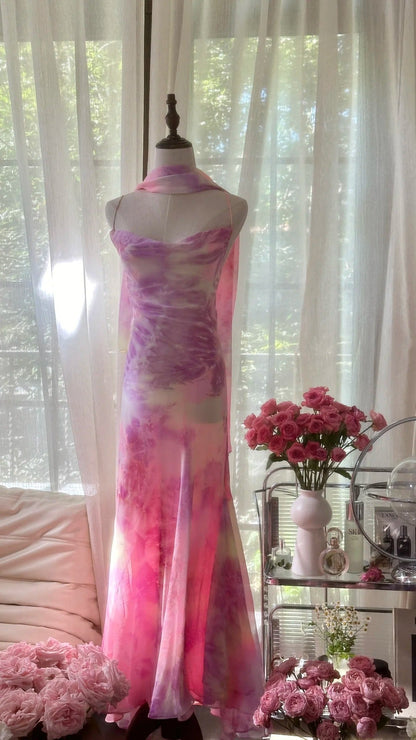 Hermosos vestidos de fiesta de gasa rosa con tirantes finos y escote en V, vestidos de noche vintage sin espalda ED03438
