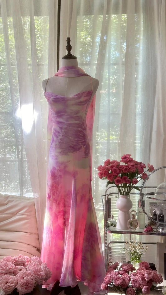 Hermosos vestidos de fiesta de gasa rosa con tirantes finos y escote en V, vestidos de noche vintage sin espalda ED03438