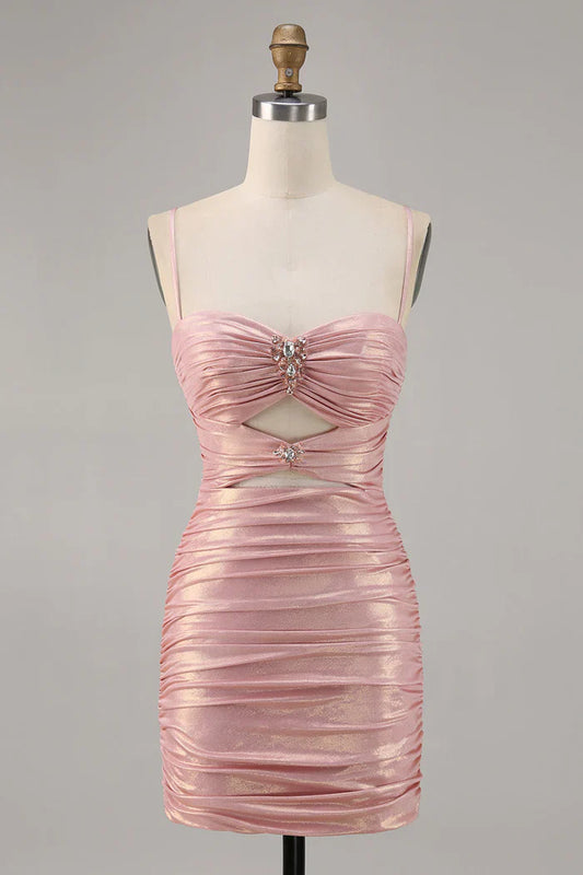 Vestido sexy rosa con tirantes finos, ajustado, de satén brillante, sin espalda, para cumpleaños y regreso a casa ED03445