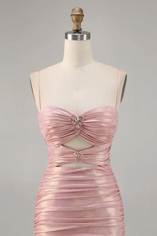 Vestido sexy rosa con tirantes finos, ajustado, de satén brillante, sin espalda, para cumpleaños y regreso a casa ED03445