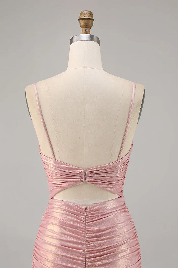 Vestido sexy rosa con tirantes finos, ajustado, de satén brillante, sin espalda, para cumpleaños y regreso a casa ED03445