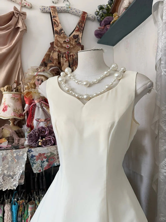 Vestido corto vintage de gasa con escote en V y corte A, color blanco roto, para cumpleaños y graduación, ED03446
