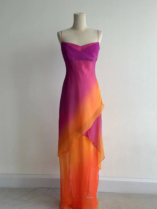 Hermosos vestidos de fiesta largos de gasa con tirantes finos en color morado, vestidos de fiesta vintage ED03461