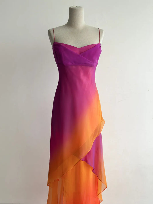 Hermosos vestidos de fiesta largos de gasa con tirantes finos en color morado, vestidos de fiesta vintage ED03461