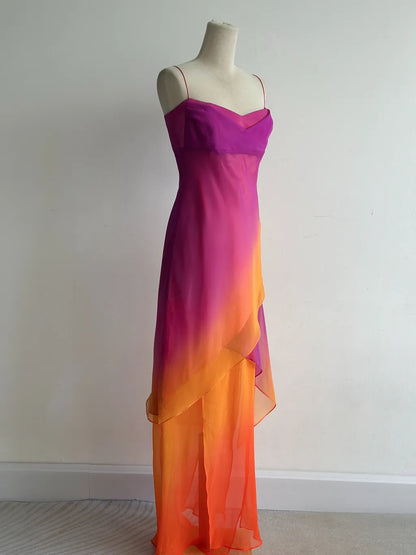 Hermosos vestidos de fiesta largos de gasa con tirantes finos en color morado, vestidos de fiesta vintage ED03461