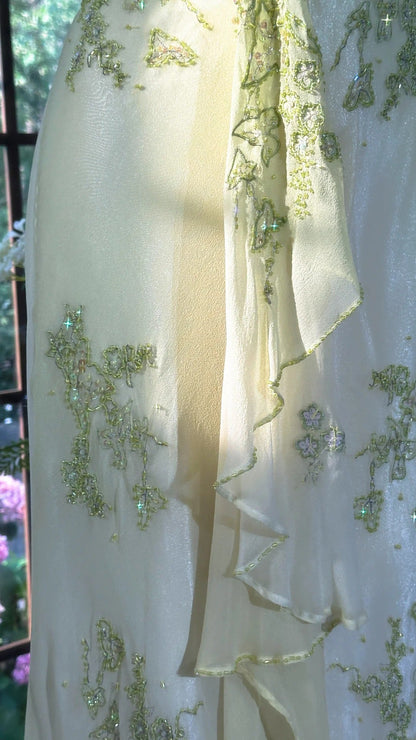 Vestido de noche vintage de gasa con cuello halter y cuentas, color verde claro, ED03464