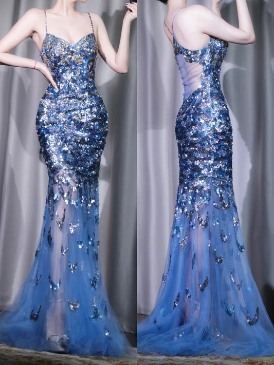 Grey Blue Elegant Spaghetti Strap Mermaid Evening Dress, Sequined Tulle Long Prom Dresses ED03468