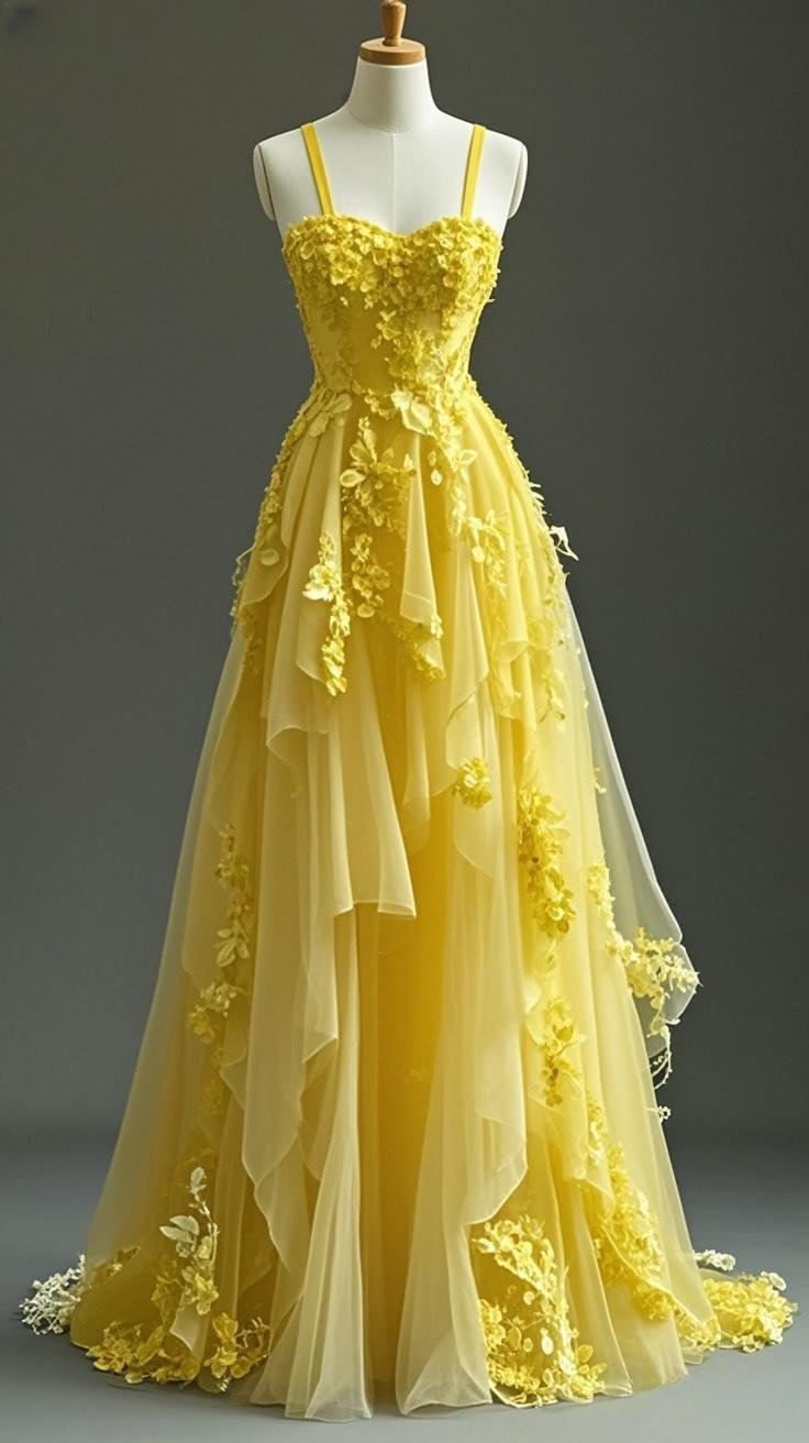 Fairytale Yellow Spaghetti Strap A-Line Tulle Applique Long Prom Dresses Exotic Birthday Dresses ED03473