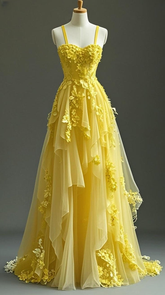 Fairytale Yellow Spaghetti Strap A-Line Tulle Applique Long Prom Dresses Exotic Birthday Dresses ED03473