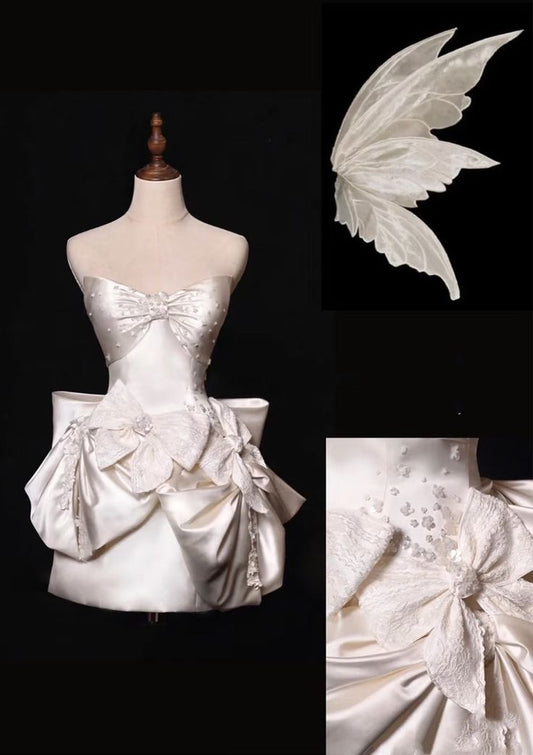 Vestido corto de satén blanco sin tirantes, corte A, con lazo, para fiesta de bienvenida y cumpleaños, ED03478