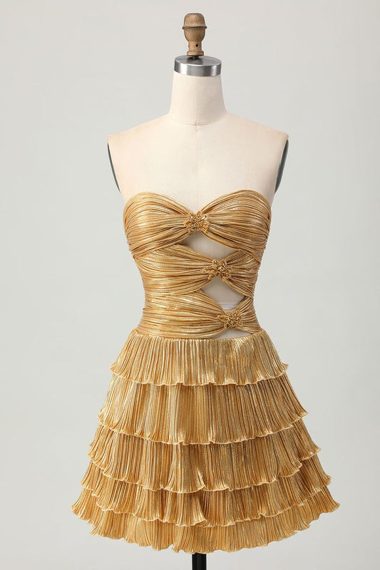 Vestido de fiesta corto clásico dorado sin tirantes, corte A, de satén escalonado, con brillo, ED03485