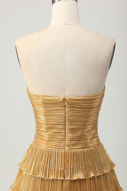 Vestido de fiesta corto clásico dorado sin tirantes, corte A, de satén escalonado, con brillo, ED03485