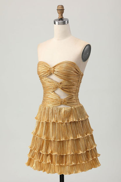 Vestido de fiesta corto clásico dorado sin tirantes, corte A, de satén escalonado, con brillo, ED03485