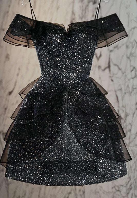 Elegante vestido de fiesta negro con hombros descubiertos, corte A, de tul y lentejuelas, corto, para cumpleaños, ED03486