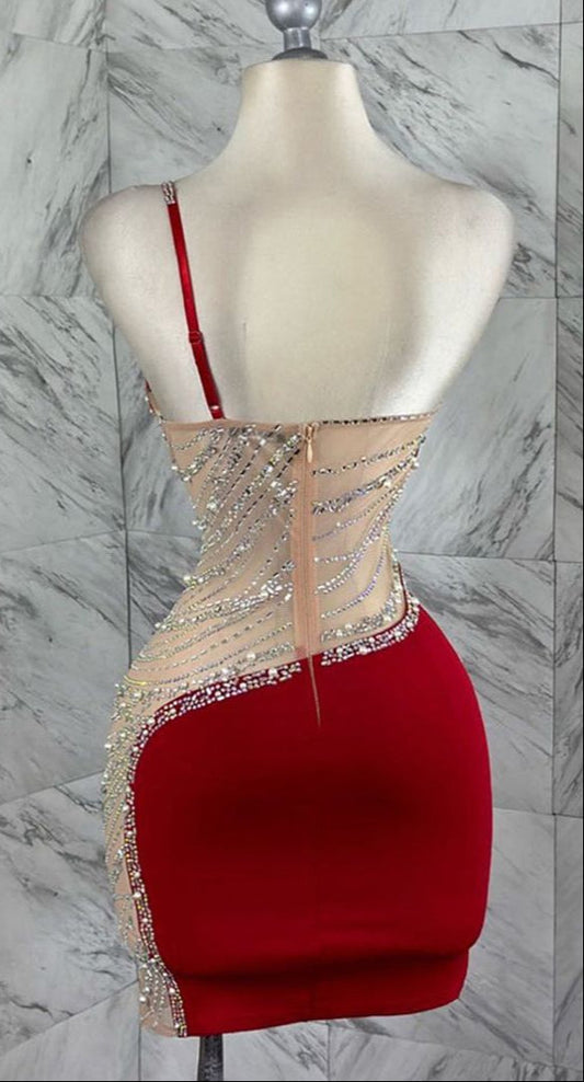 Vestido corto sexy de satén rojo ajustado con cuentas para cumpleaños, vestido de fiesta de un solo hombro, ED03489