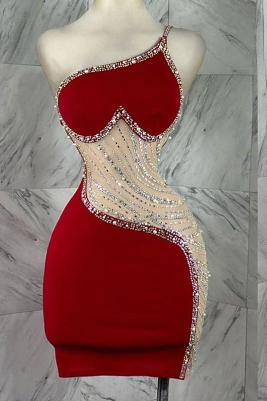 Vestido corto sexy de satén rojo ajustado con cuentas para cumpleaños, vestido de fiesta de un solo hombro, ED03489
