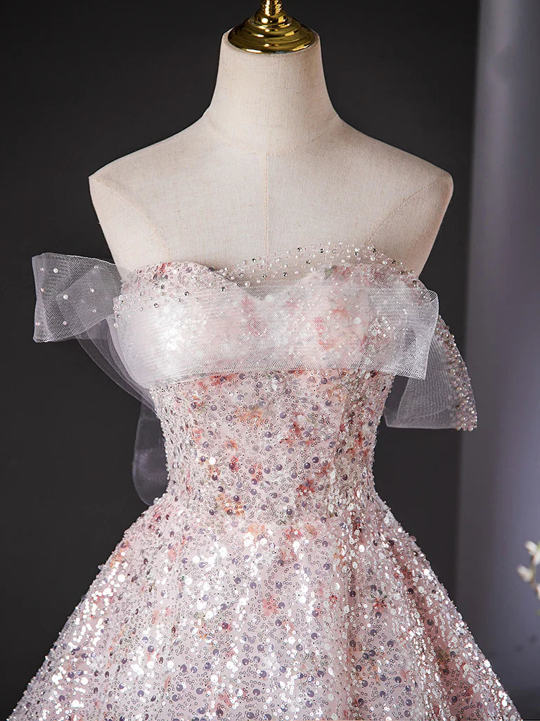 A-Line Tulle Lace Sequin Pink Long Prom Dress, Pink Long Graduation Dress ED035