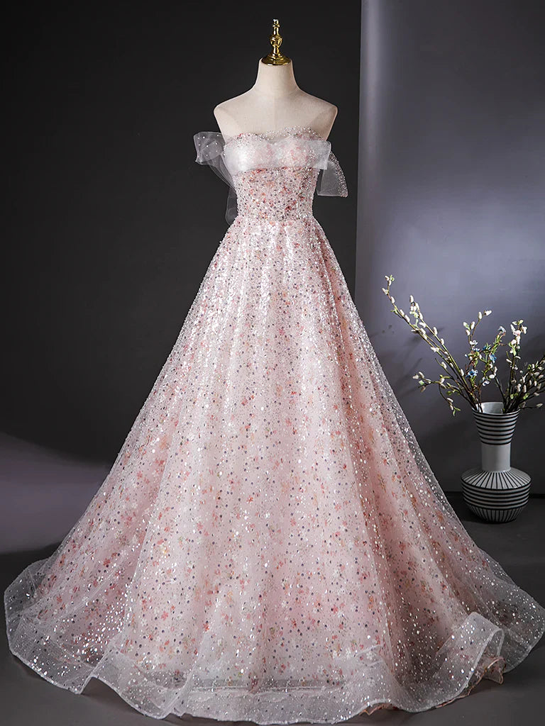 A-Line Tulle Lace Sequin Pink Long Prom Dress, Pink Long Graduation Dress ED035