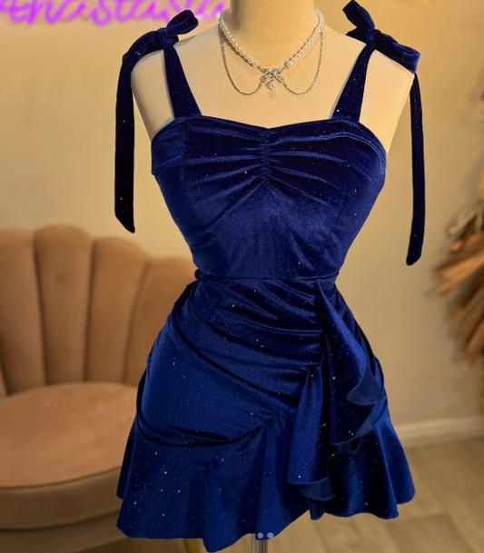 Vestido corto elegante de terciopelo azul con tirantes finos, corte A, para cumpleaños, fiesta al aire libre, ED03501