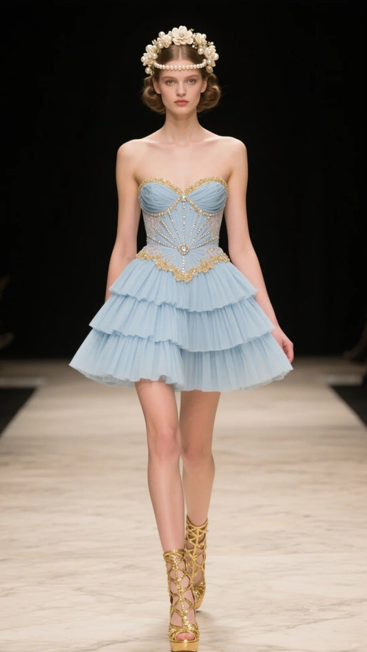 Vestido de fiesta corto de tul con cuentas y escote corazón en azul dulce, corte A, para cumpleaños, ED03519