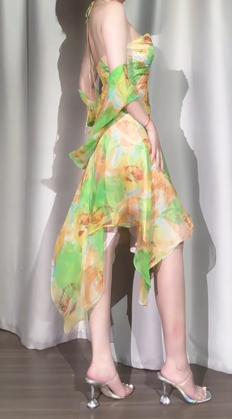 Vestido corto vintage verde de tul con cuello halter y corte A para fiesta de cumpleaños, ED03528
