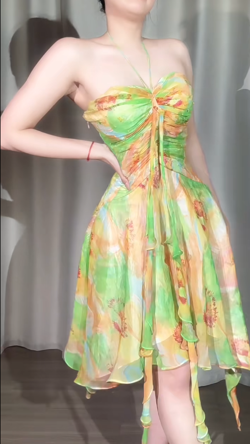 Vestido corto vintage verde de tul con cuello halter y corte A para fiesta de cumpleaños, ED03528