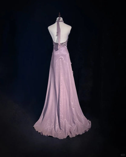 Hermosos vestidos de fiesta largos de tul y gasa con escote en V, corte A, en gris y morado, estilo vintage, ED03537