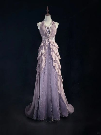 Hermosos vestidos de fiesta largos de tul y gasa con escote en V, corte A, en gris y morado, estilo vintage, ED03537