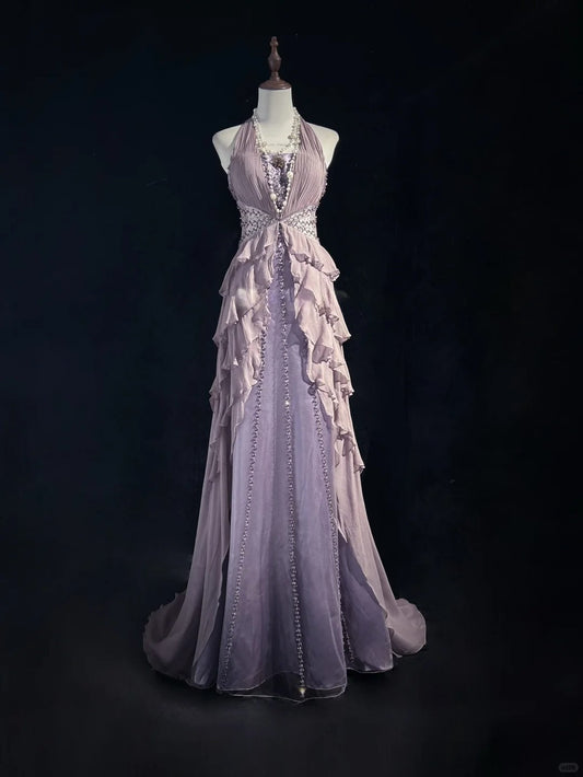 Hermosos vestidos de fiesta largos de tul y gasa con escote en V, corte A, en gris y morado, estilo vintage, ED03537