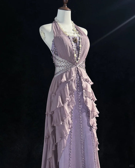 Hermosos vestidos de fiesta largos de tul y gasa con escote en V, corte A, en gris y morado, estilo vintage, ED03537