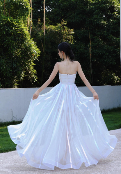 Vestido de fiesta blanco de tul sin tirantes, corte A, para cumpleaños, elegante, ED03542