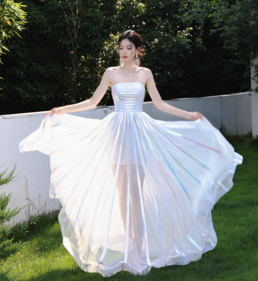 Vestido de fiesta blanco de tul sin tirantes, corte A, para cumpleaños, elegante, ED03542