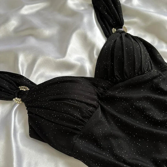 Vestido de fiesta formal de gasa con volantes y escote corazón en negro brillante ED03551