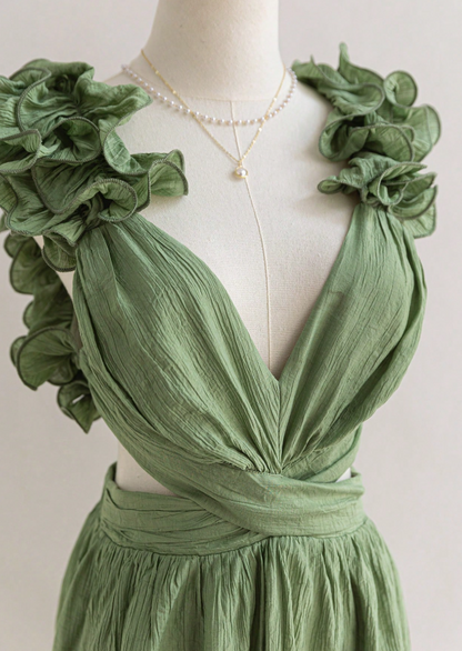 Impresionante vestido verde de fiesta de octavo grado, corte A, escote en V, espalda descubierta, vestido de cumpleaños, bonito vestido de cóctel ED03556