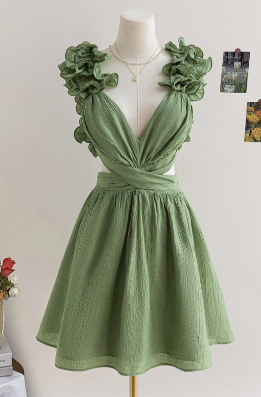 Impresionante vestido verde de fiesta de octavo grado, corte A, escote en V, espalda descubierta, vestido de cumpleaños, bonito vestido de cóctel ED03556