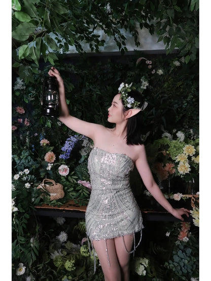 Vestido de fiesta para 18 cumpleaños, en plata brillante, con cuentas, sin tirantes, ajustado, para regreso a casa, dulce ED03560