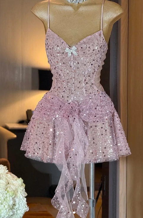 Vestido rosa dulce con tirantes finos para 16 cumpleaños, con lentejuelas brillantes, corte A, para regreso a casa, ED03561