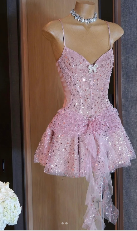 Vestido rosa dulce con tirantes finos para 16 cumpleaños, con lentejuelas brillantes, corte A, para regreso a casa, ED03561