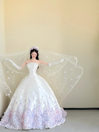 Elegante vestido de quinceañera blanco largo sin tirantes, con apliques, para novia, ED03571