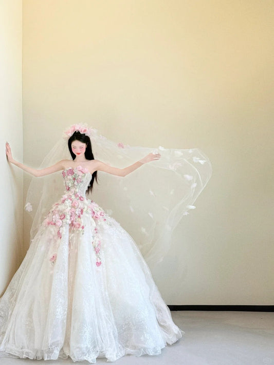 Vestido de novia blanco dulce sin tirantes en tul rosa 3D, largo, precioso vestido de novia para quinceañera ED03572