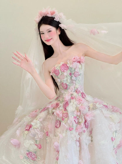 Vestido de novia blanco dulce sin tirantes en tul rosa 3D, largo, precioso vestido de novia para quinceañera ED03572