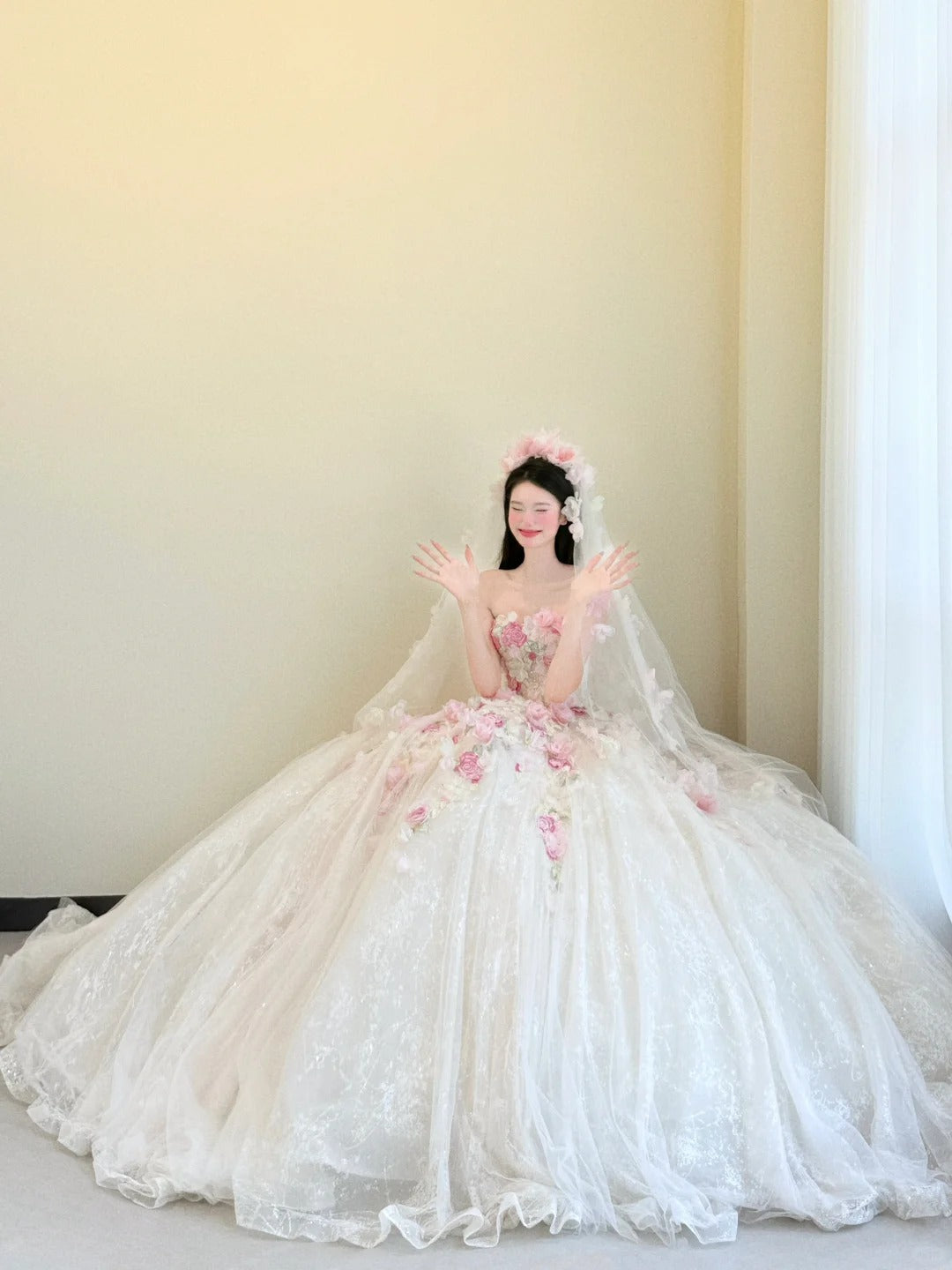 Vestido de novia blanco dulce sin tirantes en tul rosa 3D, largo, precioso vestido de novia para quinceañera ED03572