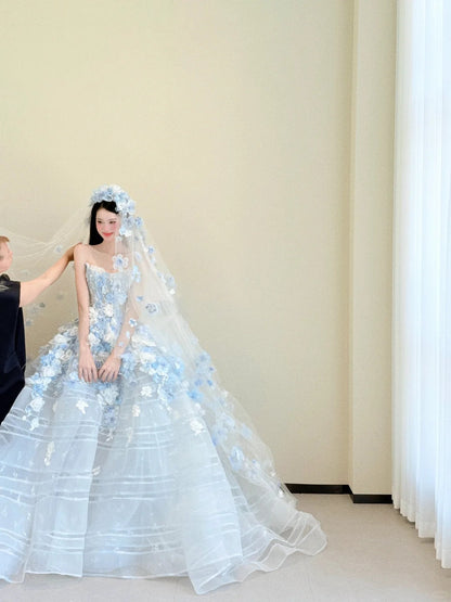 Elegant Light Blue Strapless Long Ball Gowns Tulle Applique Wedding Dress Fairytale Bridal Dress Quinceañera Dress  ED03573