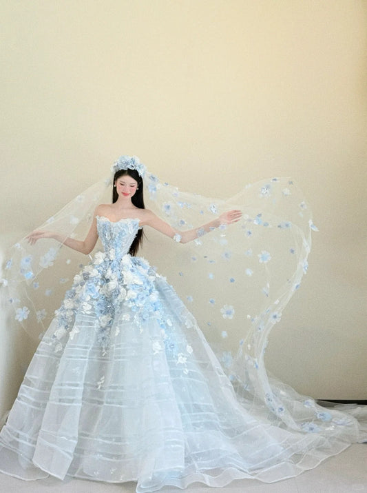 Elegant Light Blue Strapless Long Ball Gowns Tulle Applique Wedding Dress Fairytale Bridal Dress Quinceañera Dress  ED03573