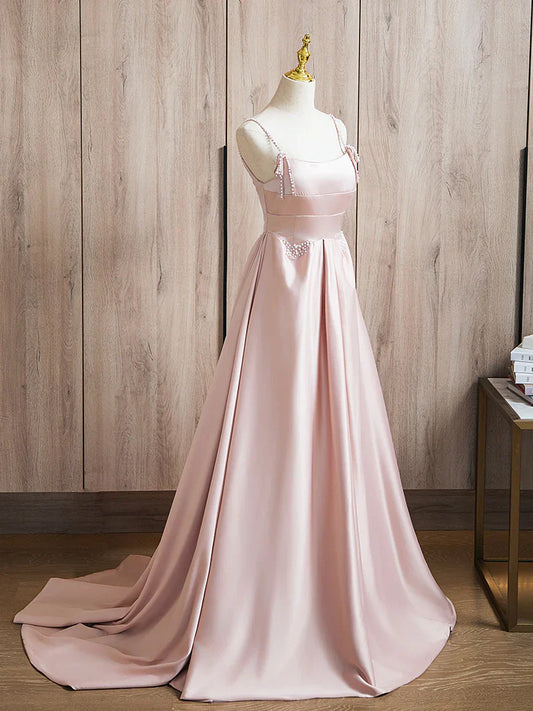 Vestido de fiesta largo rosa con cuentas y satén, corte A, vestido formal largo rosa ED036