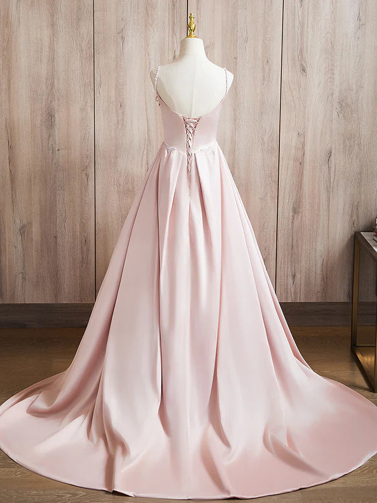 Vestido de fiesta largo rosa con cuentas y satén, corte A, vestido formal largo rosa ED036