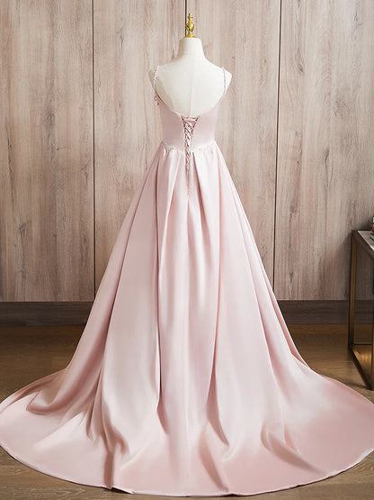 Vestido de fiesta largo rosa con cuentas y satén, corte A, vestido formal largo rosa ED036