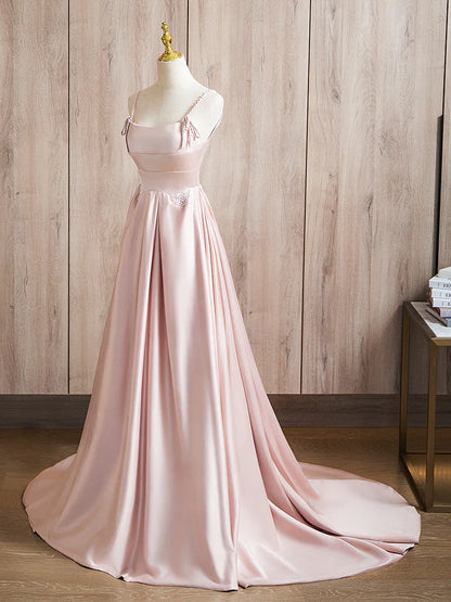 Vestido de fiesta largo rosa con cuentas y satén, corte A, vestido formal largo rosa ED036
